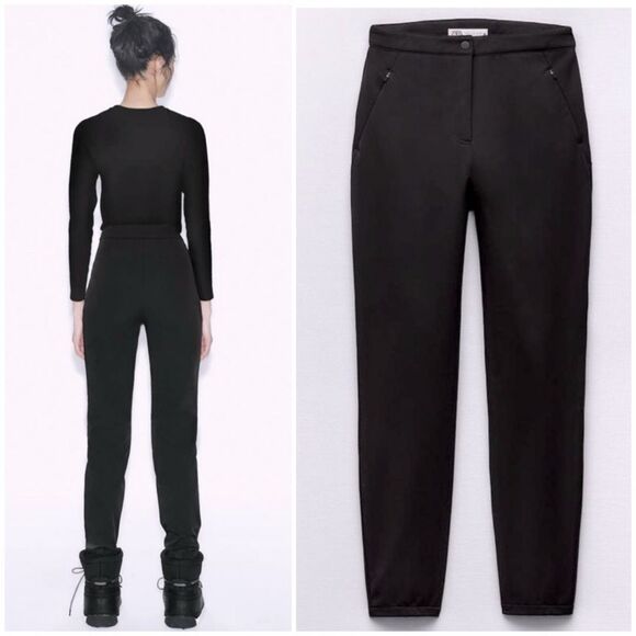 Zara WINDPROOF AND WATERPROOF SLIM PANTS SKI COLLECTION Black NWT - Picture 1 of 10